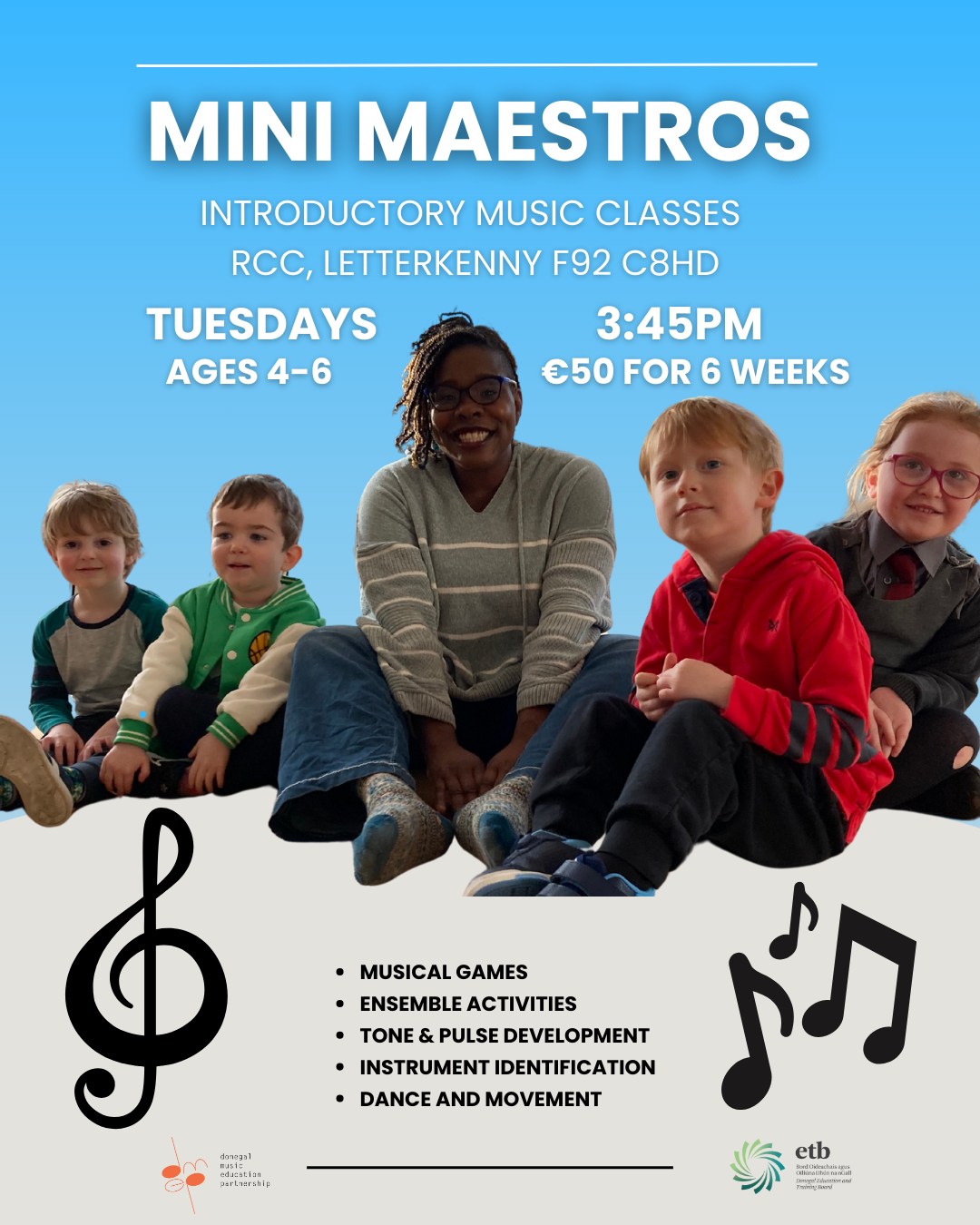 Our Mini Maestros are gearing up for another run of classes. Tuesday 29th of April, another 6-week term begins. Sign up with the link in the bio.
The class covers Musical Games, Tone & Pulse development, Dance & Movement, Ensemble Activities and Instrument identification. 
Classes are 45 minutes and will take place at 3:45pm on Tuesdays at the @regionalculturalcentre 
Mini Maestros cost €50 for a fixed 6 week term.
Any other information, don't hesitate to email us at musiceducation@donegaletb.ie
@donegaletb